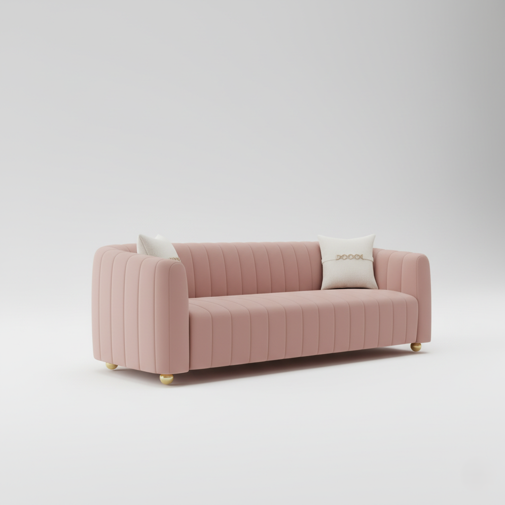 3 Seater Sofa Modern Design The Serenity Sofa: Blush Velvet Channel Tufted Modern Sofa with Gold Accents