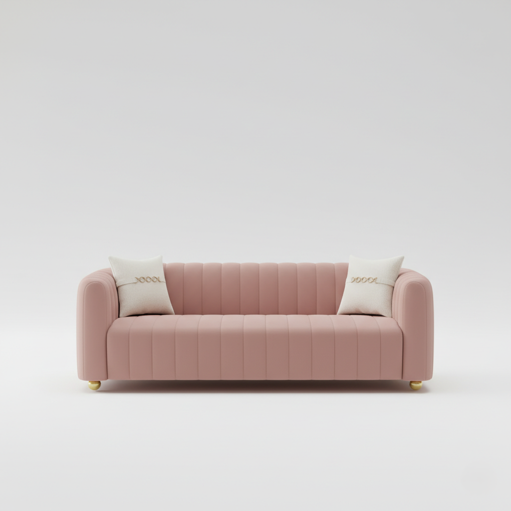 3 Seater Sofa Modern Design The Serenity Sofa: Blush Velvet Channel Tufted Modern Sofa with Gold Accents