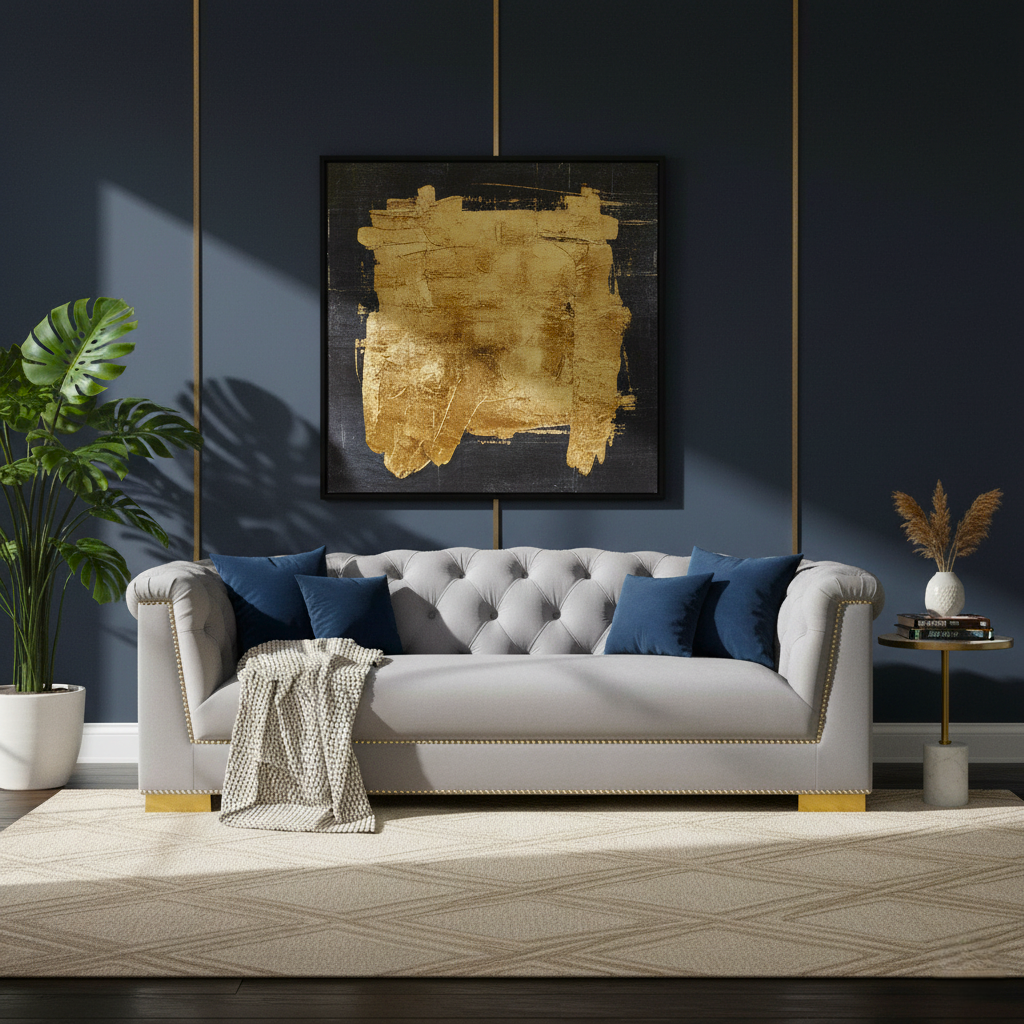 Gray sofa with blue pillows in a room with a gold abstract painting on the wall.