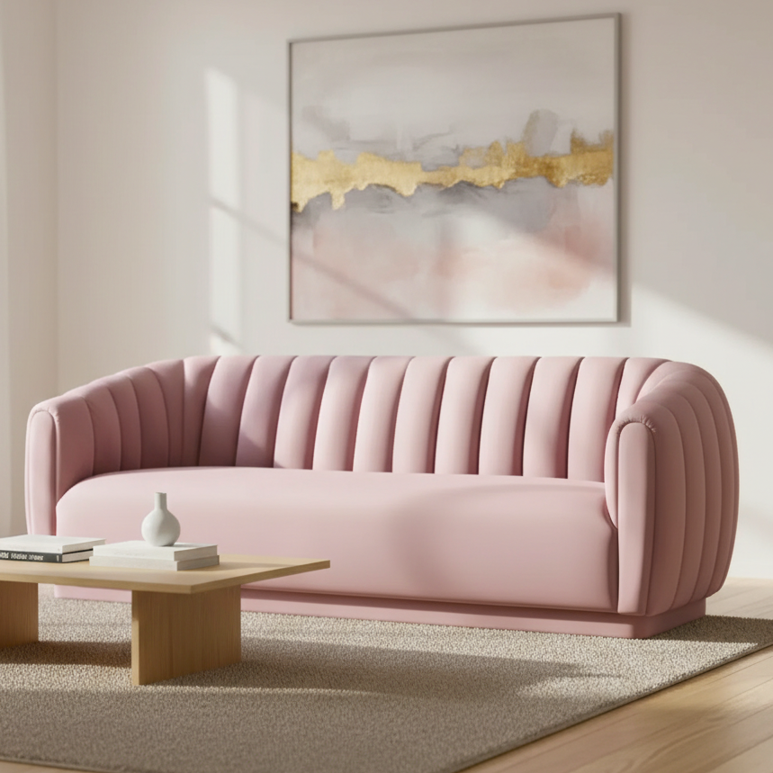3 Seater &  Sofa For Home Furniture, Upholstery Velvet Premium and Durable Design For Living Room and Office- Light Pink