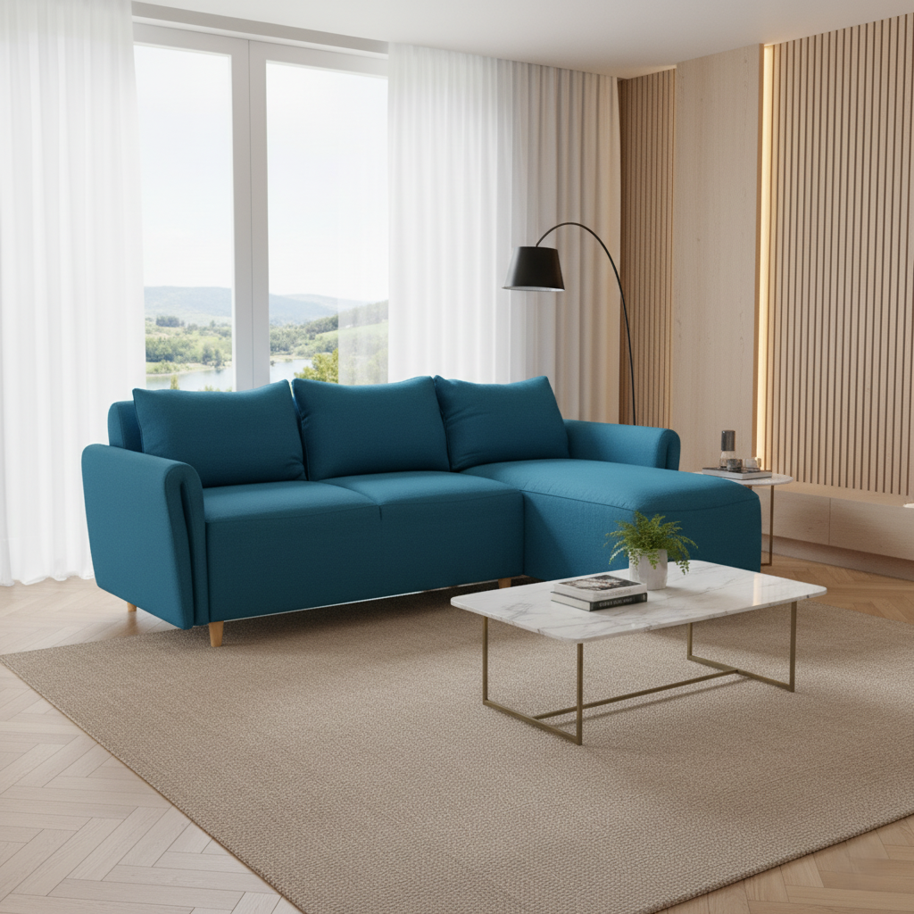 घर और फर्नीचर और असबाब कपड़े के लिए 5 सीटर सोफा, लिविंग रूम के लिए आधुनिक और टिकाऊ डिज़ाइन - नीला