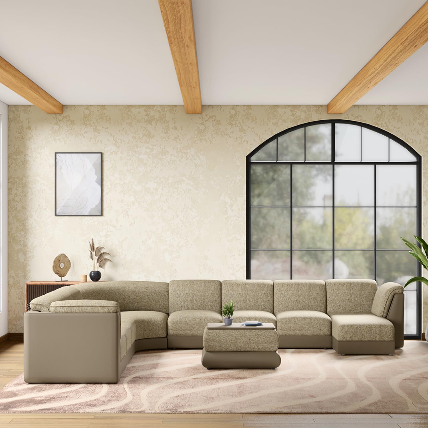 घर और फर्नीचर और असबाब कपड़े के लिए एल आकार अनुभागीय सोफा, लिविंग रूम के लिए आधुनिक और टिकाऊ डिजाइन - हल्का बेज