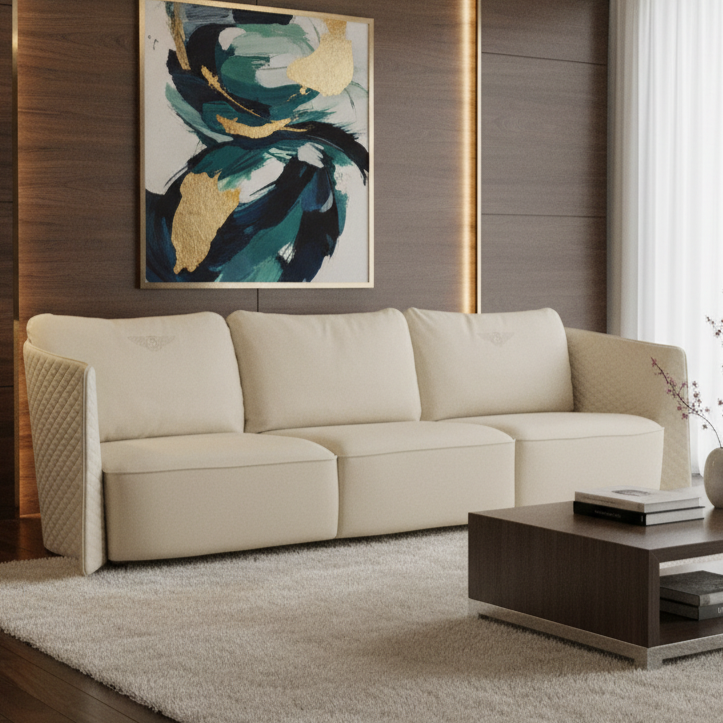 Beige sectional sofa in a living room with abstract art on the wall.