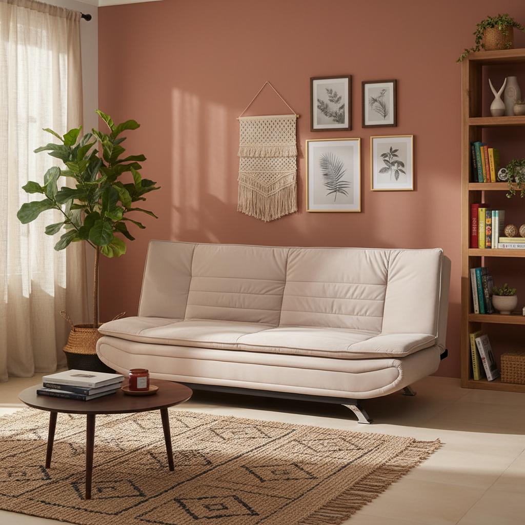 लिविंग रूम और ऑफिस के लिए 3 सीटर सोफा कम बेड फ़ैब्रिक अपहोल्स्ट्री आधुनिक और टिकाऊ डिज़ाइन - क्रीम