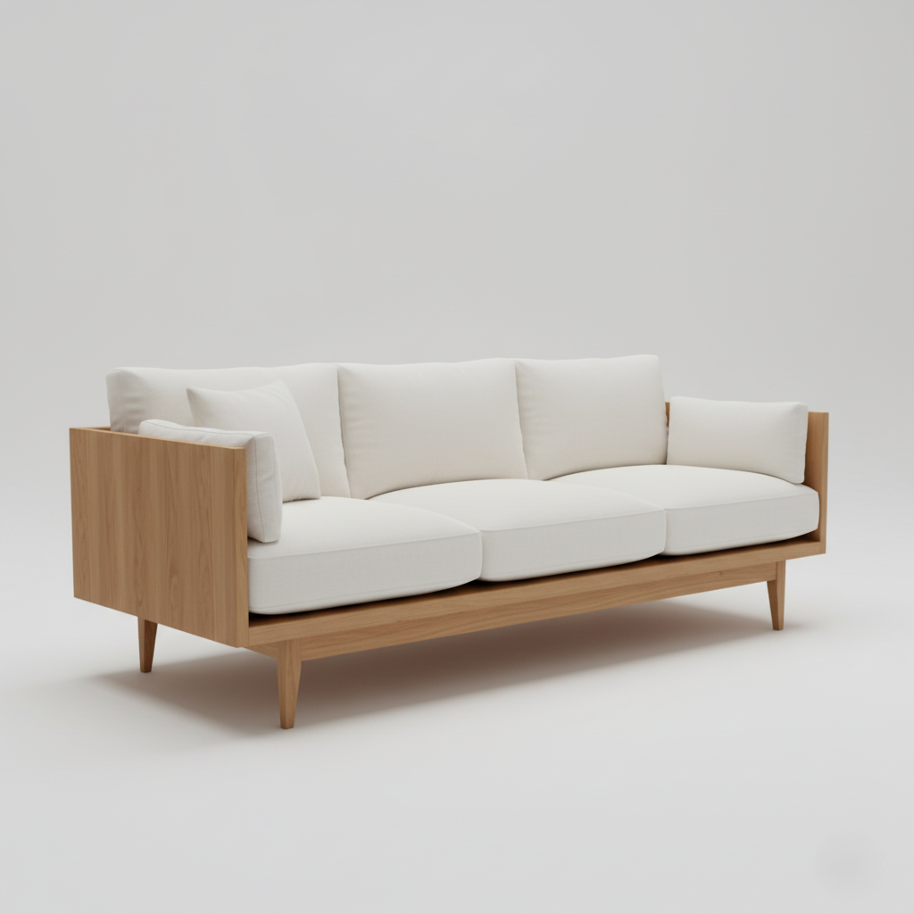 3 Seater Wooden Sofa For Home Furniture Upholstery Fabric ,Modern and Durable Design For Living Room and Office - White