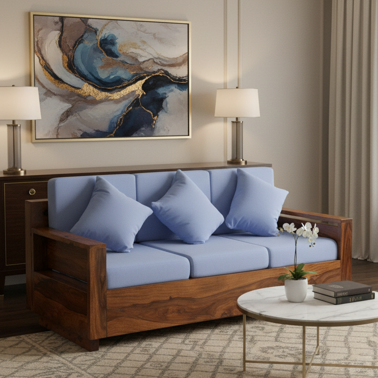 Modern living room with a wooden sofa, blue cushions, and a abstract painting on the wall.