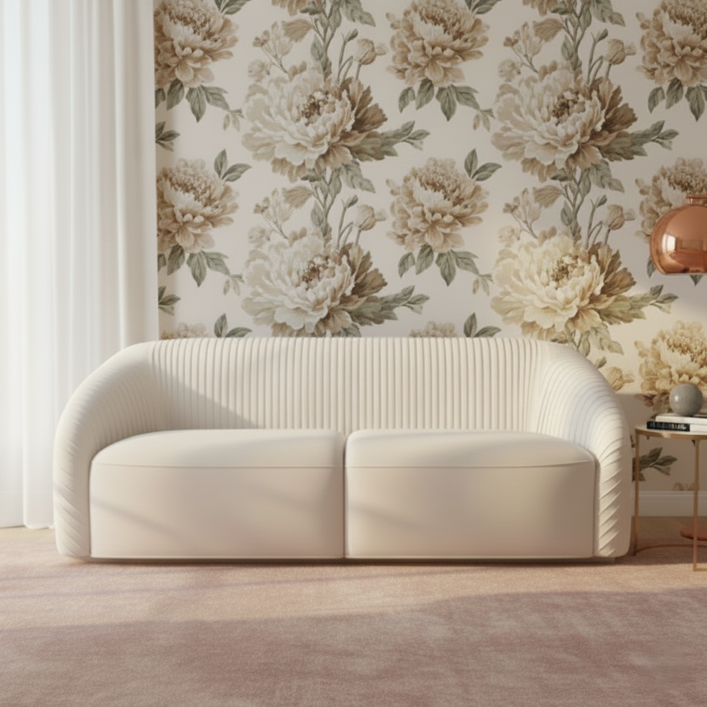 Modern beige sofa in a room with floral wallpaper