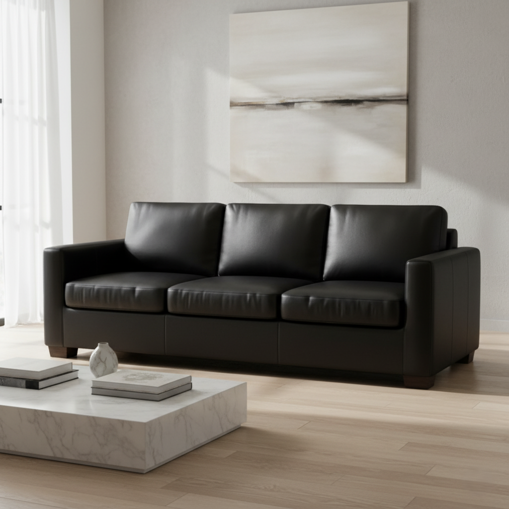 3 Seater Sofa For Home Furniture, Upholstery PU leatherette Premium and Durable Design For Living Room-Black