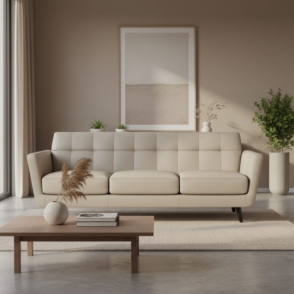 घर के फर्नीचर, असबाब, पु लेदरेट और लिविंग रूम और ऑफिस के लिए टिकाऊ डिज़ाइन के लिए 3 सीटर सोफा - ऑफ व्हाइट