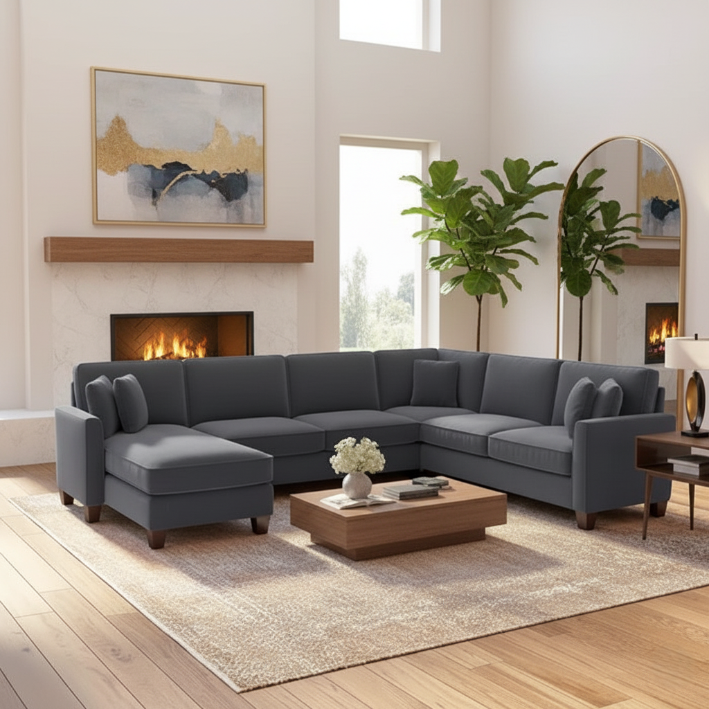 घर के फर्नीचर के लिए 3 सीटर यू आकार सोफा, लिविंग रूम और ऑफिस के लिए आधुनिक और टिकाऊ डिज़ाइन - नीला