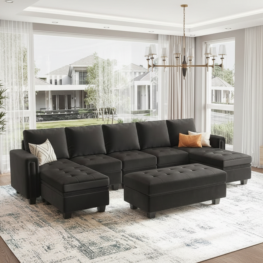 Gray sectional sofa in a living room with large windows and a chandelier.