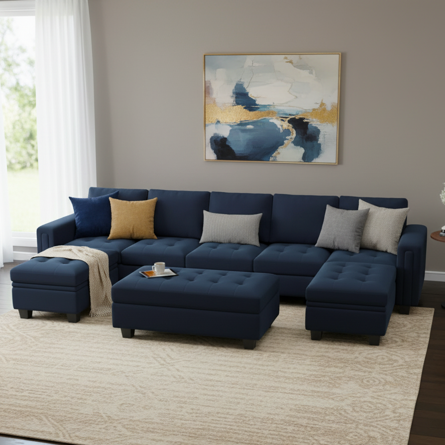 घर के फर्नीचर के लिए 9 सीटर यू आकार सोफा, लिविंग रूम और ऑफिस के लिए आधुनिक और टिकाऊ डिज़ाइन - नीला