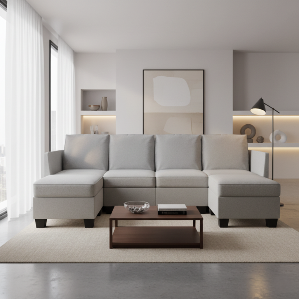 U Shape Sofa For Home Furniture, Upholstery Fabric Premium and Durable Design For Living Roome - Light Grey