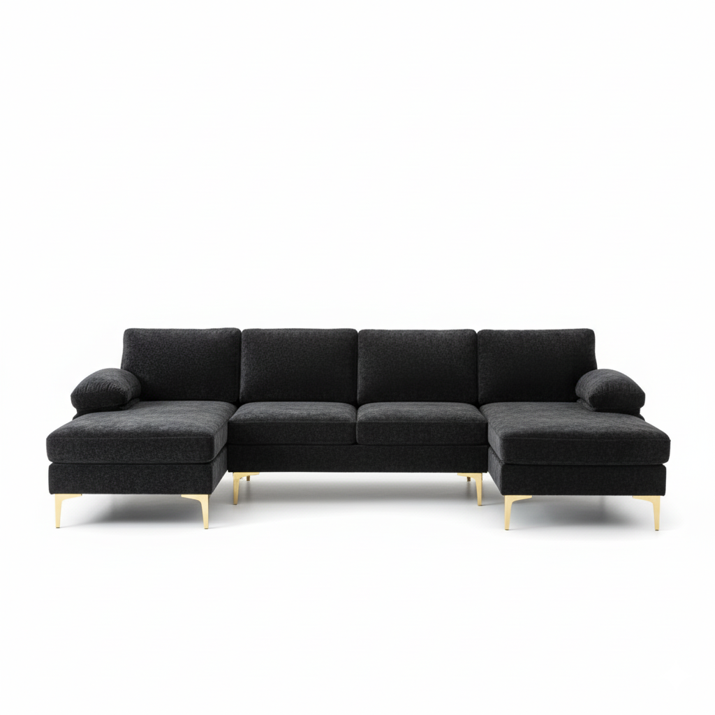 यू-आकार सोफा असबाब मखमल अनुभागीय लाउंज सोफे अतिरिक्त चौड़े चाइज़ आर्म्स सोफा डिजाइन लिविंग रूम और कार्यालय के लिए - ऑफ व्हाइट - काला