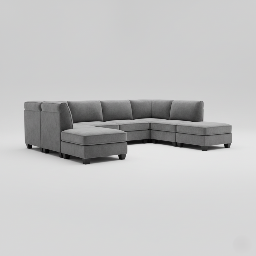 U-Shape Sofa Upholstery Velvet Sectional & Modular Couch Extra Wide Luxury Design For Living Room and Office-Grey