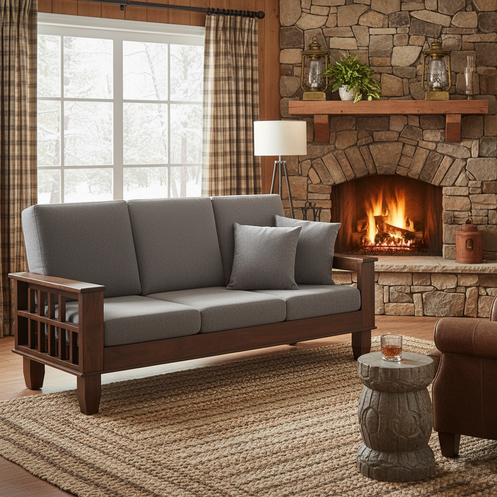 Cozy living room with a stone fireplace, gray sofa, and decorative items.