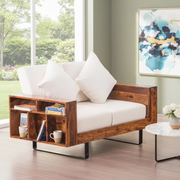 Wooden sofa with white cushions in a living room setting