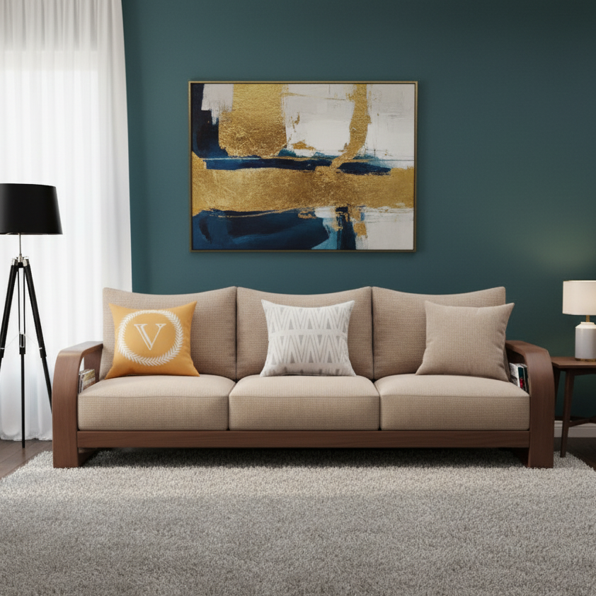 Living room with a brown sofa, decorative pillows, and abstract art on the wall.
