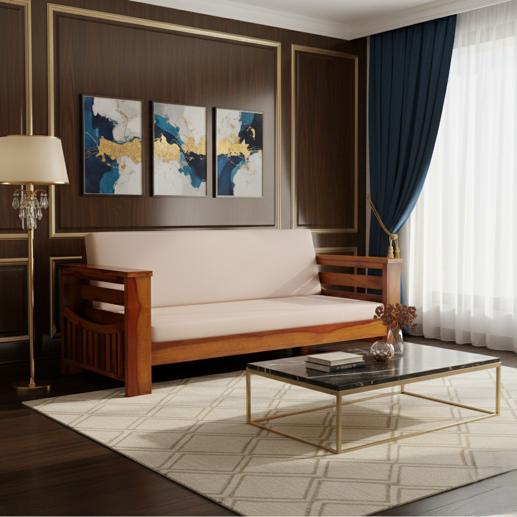 ঘরের আসবাবপত্র, গৃহসজ্জার সামগ্রীর জন্য ৩ আসন বিশিষ্ট কাঠের সোফা বসার ঘর এবং অফিসের জন্য আধুনিক এবং টেকসই নকশা - ক্রিম