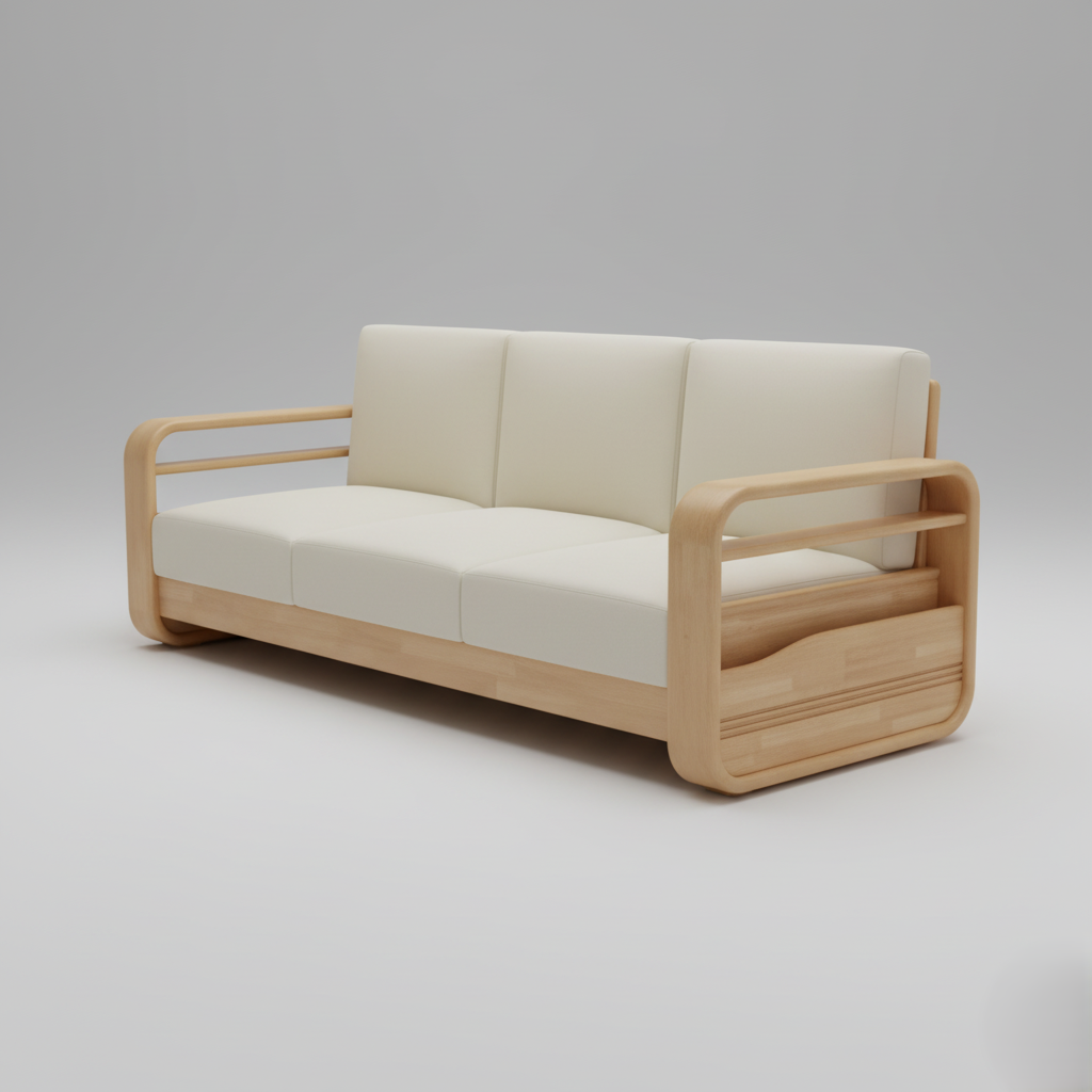 3 Seater Wooden Sofa & For Home Furniture, Upholstery Fabric Modern And & Durable Design For Living Room and Hall-Beige