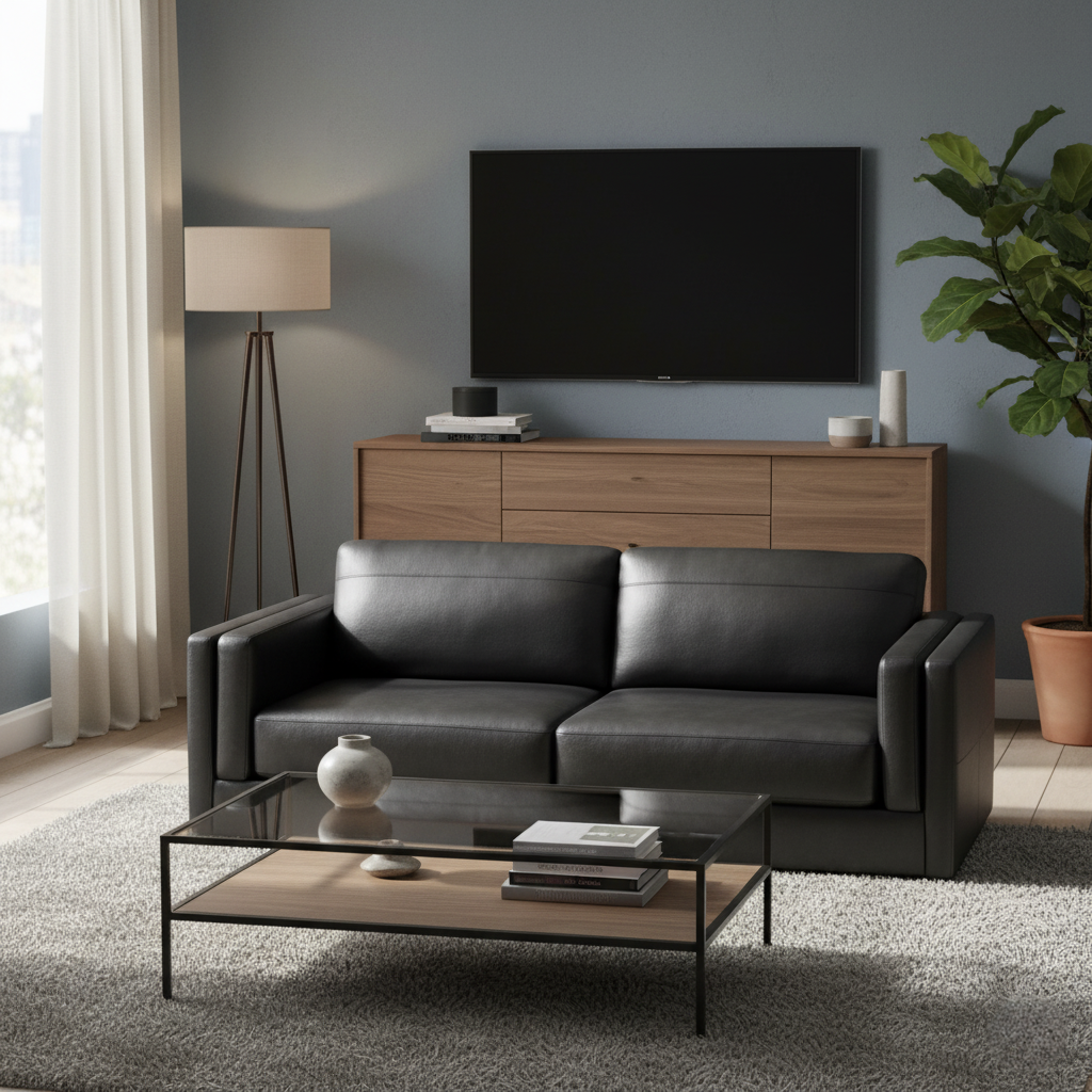Modern living room with black sofa, wooden cabinet, and TV.