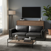 Modern living room with black sofa, wooden cabinet, and TV.