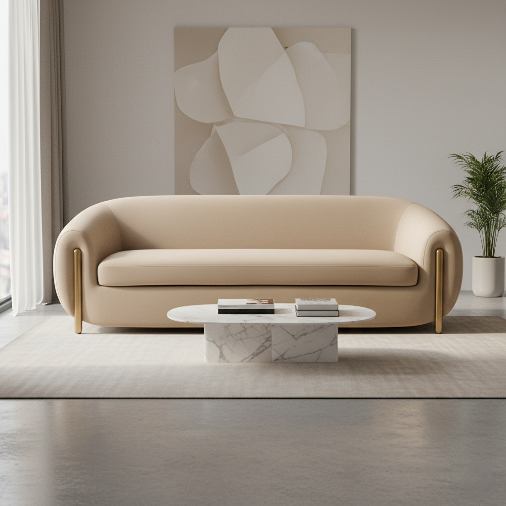 घर के फर्नीचर के लिए 3 सीटर सोफा, लिविंग रूम और ऑफिस के लिए मखमली आधुनिक और टिकाऊ डिज़ाइन - बेज