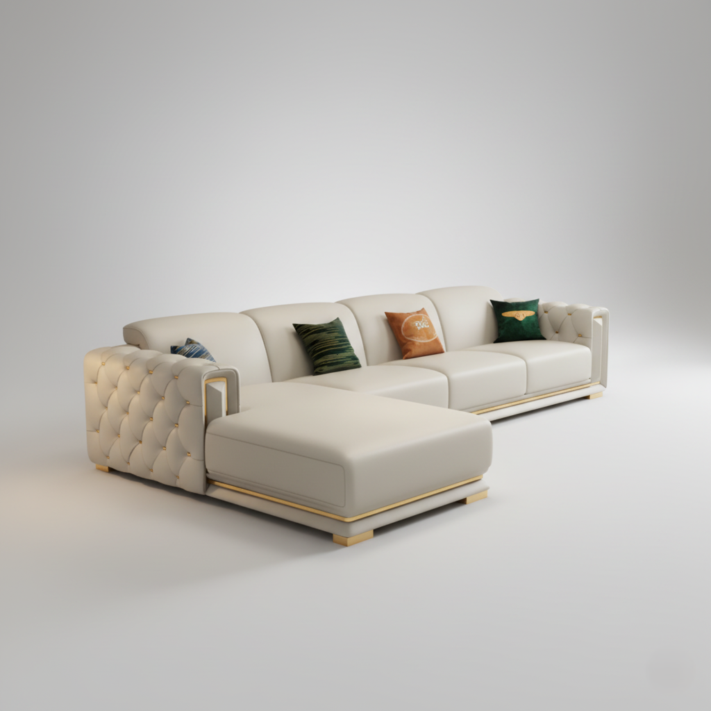 L Shape Sofa For Home & Furniture Upholstery Pu Leatherette Sectional Extra Wide Luxury &amp; Durable Design For Living Room -Beige