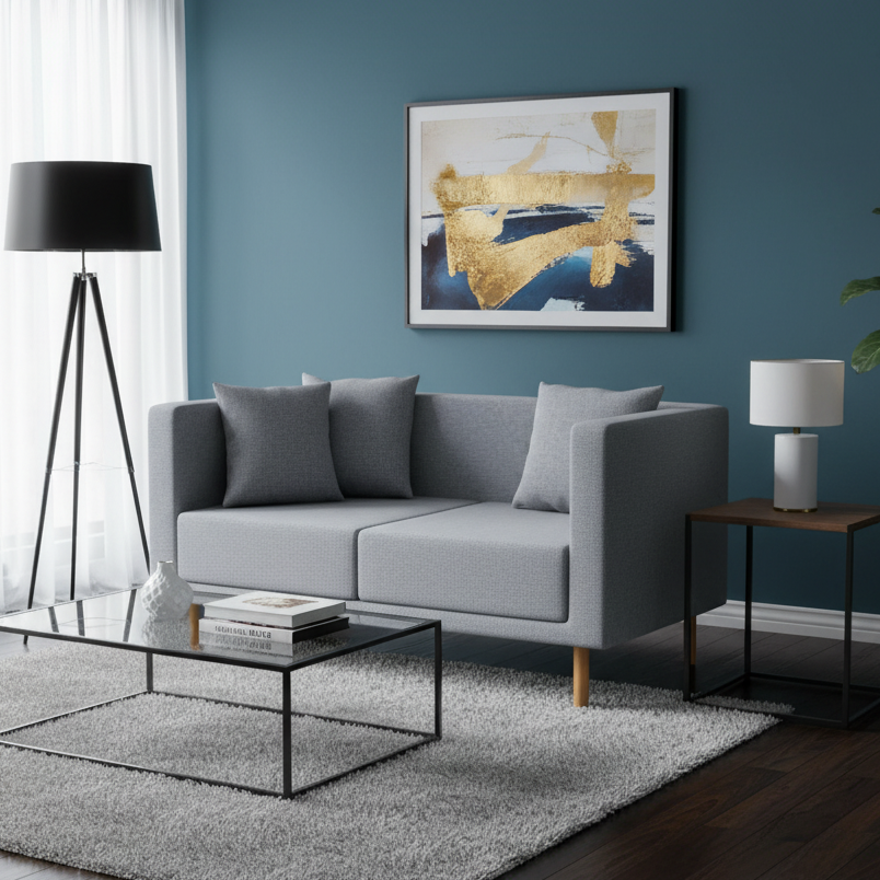 Modern living room with gray sofa, coffee table, and abstract art on blue wall.