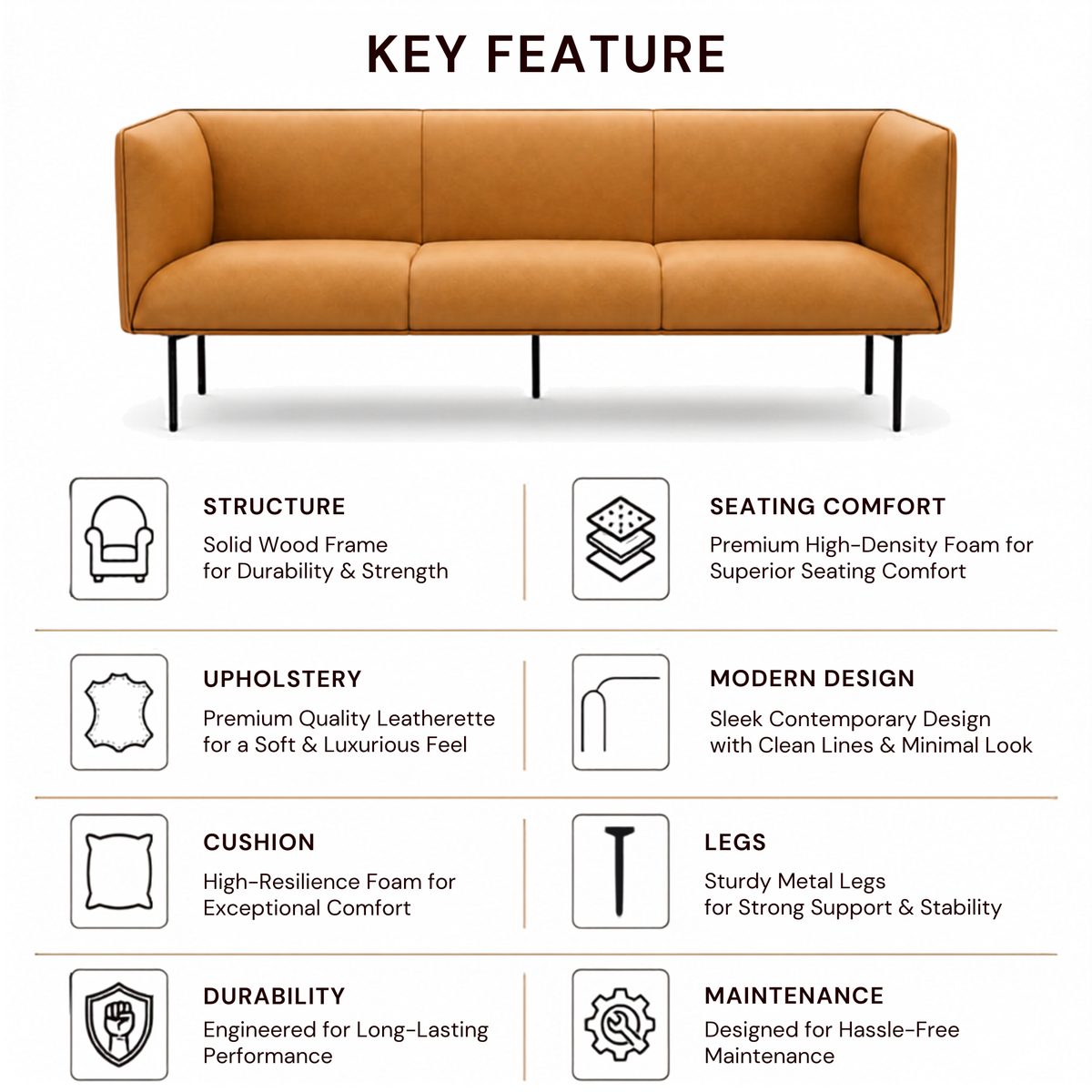 3-Seater Sofa For Home Furniture Modern Design Upholstery Pu Leatherette and Comfortable Seating for Living Room