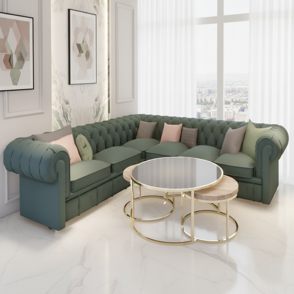 L Shape Sofa For Home Furniture Upholstery Velvet Luxury Comfort Sofa & Durable Design For Living Room -Green