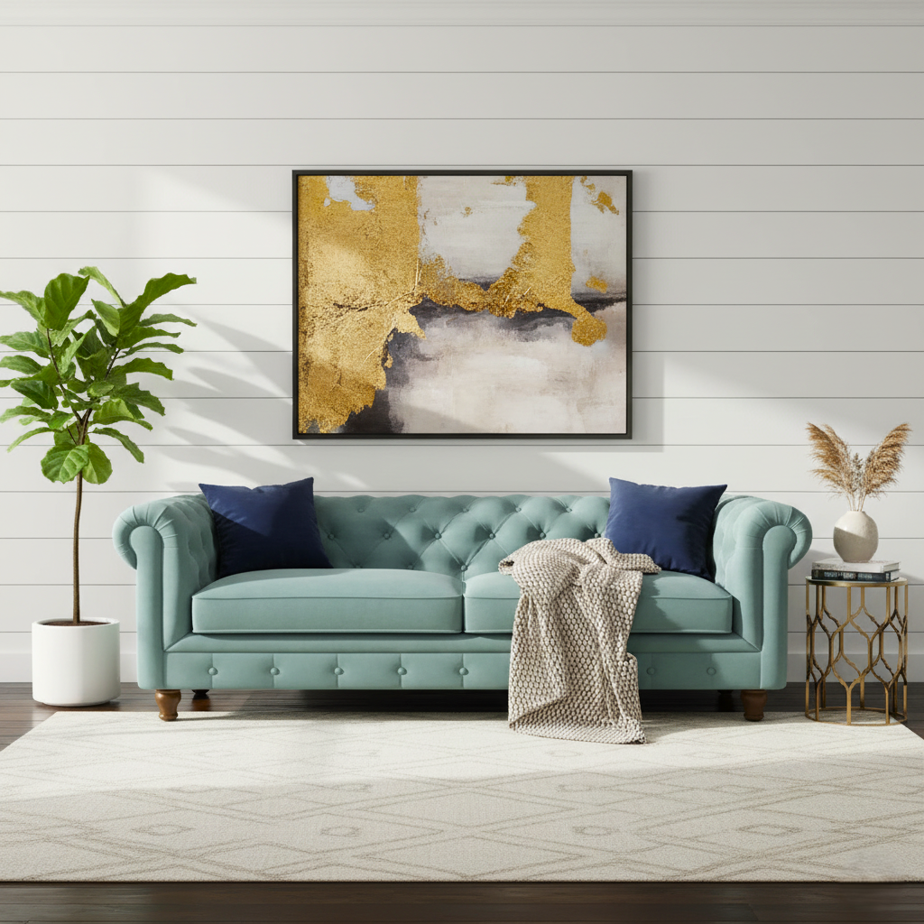 Light blue sofa with navy pillows in a living room setting with a decorative painting on the wall.