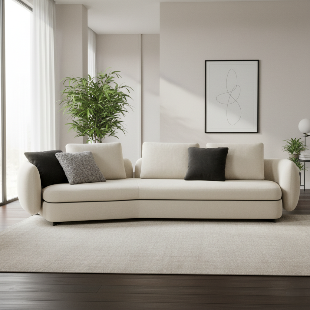 घर के लिए 3 सीटर सोफा, फर्नीचर, असबाब, फ़ैब्रिक, लक्जरी, आरामदायक सोफा और लिविंग रूम के लिए टिकाऊ डिज़ाइन - क्रीम