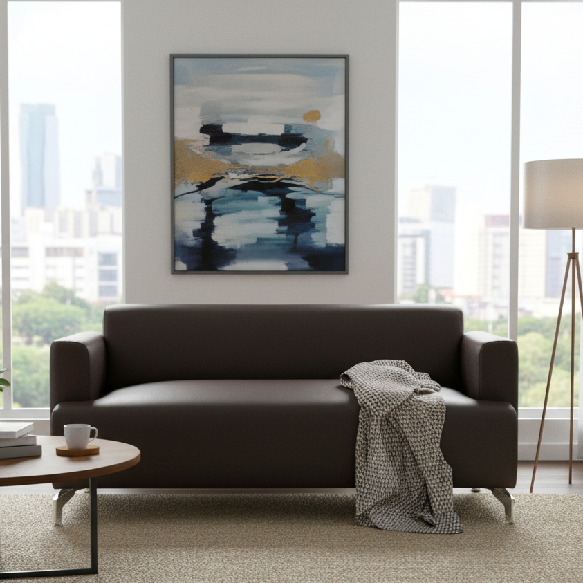 Modern living room with a brown sofa, abstract painting, and cityscape view.