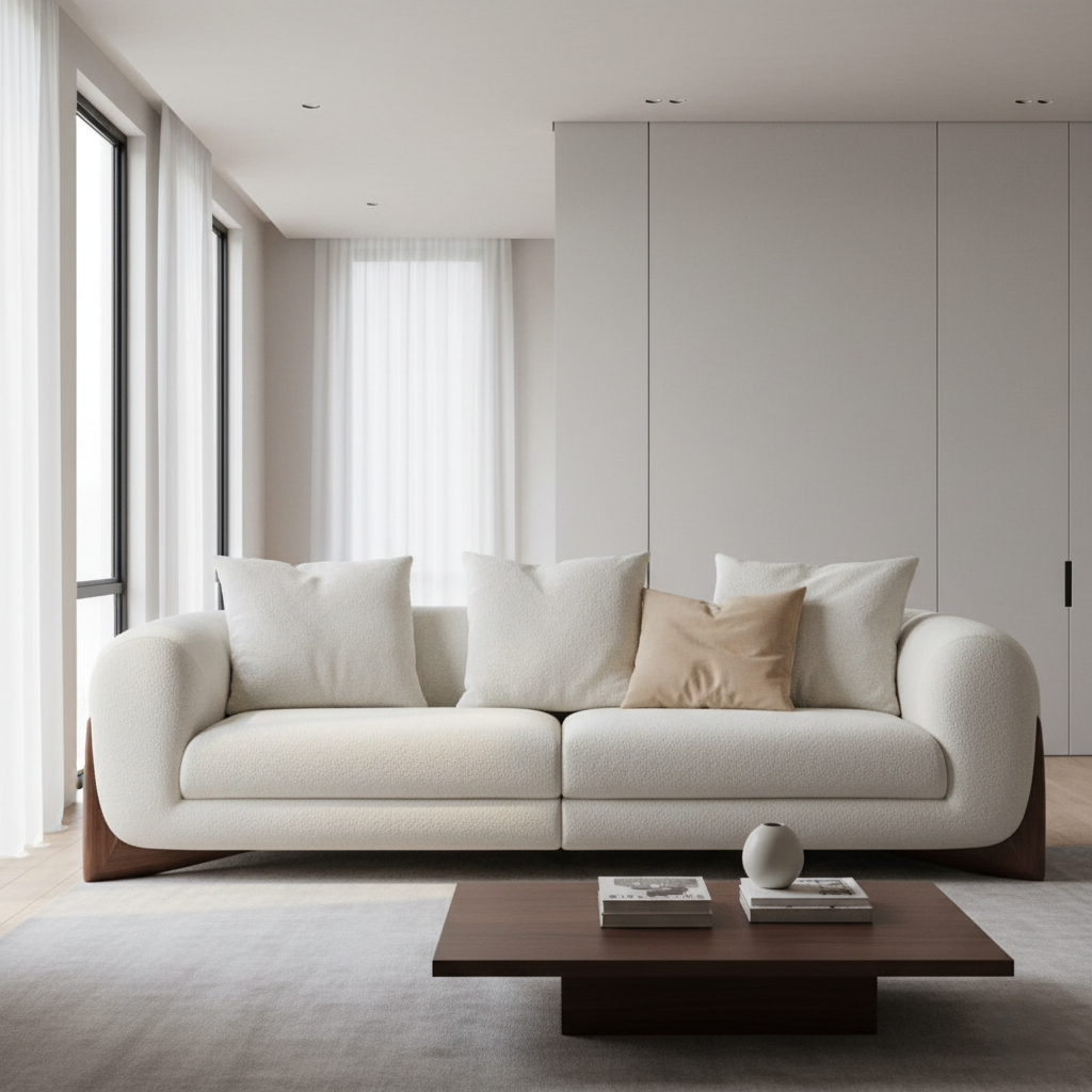 Modern living room with a white sofa and wooden coffee table.