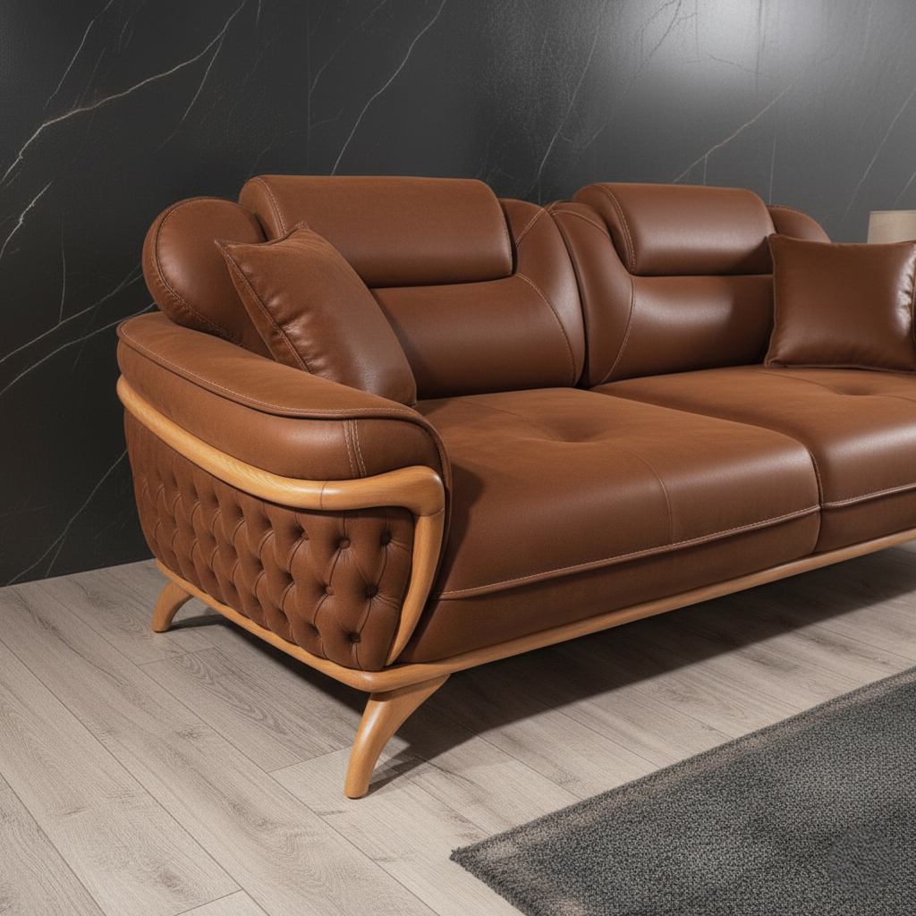 घर के लिए 3-सीटर सोफा, फर्नीचर असबाब, पु लेदरेट, आरामदायक बैठने की जगह, लिविंग रूम के लिए बिल्कुल सही - भूरा