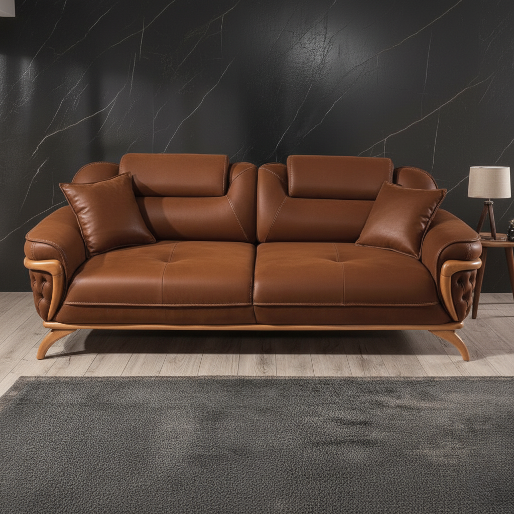घर के लिए 3-सीटर सोफा, फर्नीचर असबाब, पु लेदरेट, आरामदायक बैठने की जगह, लिविंग रूम के लिए बिल्कुल सही - भूरा