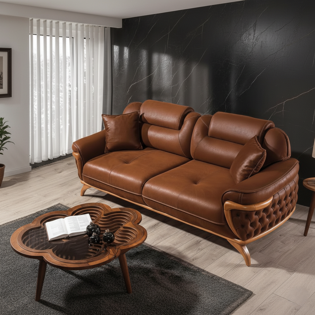 घर के लिए 3-सीटर सोफा, फर्नीचर असबाब, पु लेदरेट, आरामदायक बैठने की जगह, लिविंग रूम के लिए बिल्कुल सही - भूरा