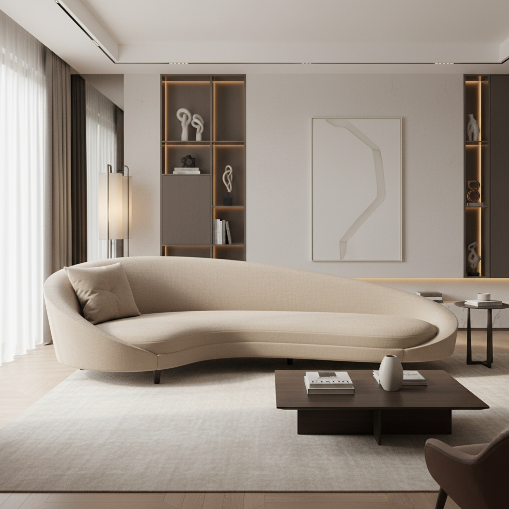 Modern living room with a curved beige sofa, coffee table, and wall art.