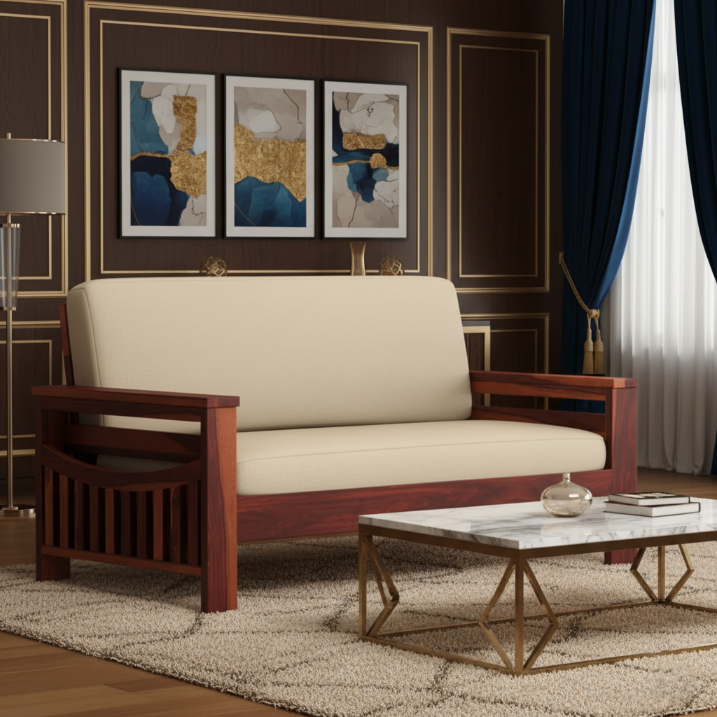 घर के लिए 3 सीटर लकड़ी का सोफा, फर्नीचर, असबाब, फ़ैब्रिक, प्रीमियम आरामदायक सोफा, लिविंग रूम के लिए टिकाऊ डिज़ाइन - क्रीम