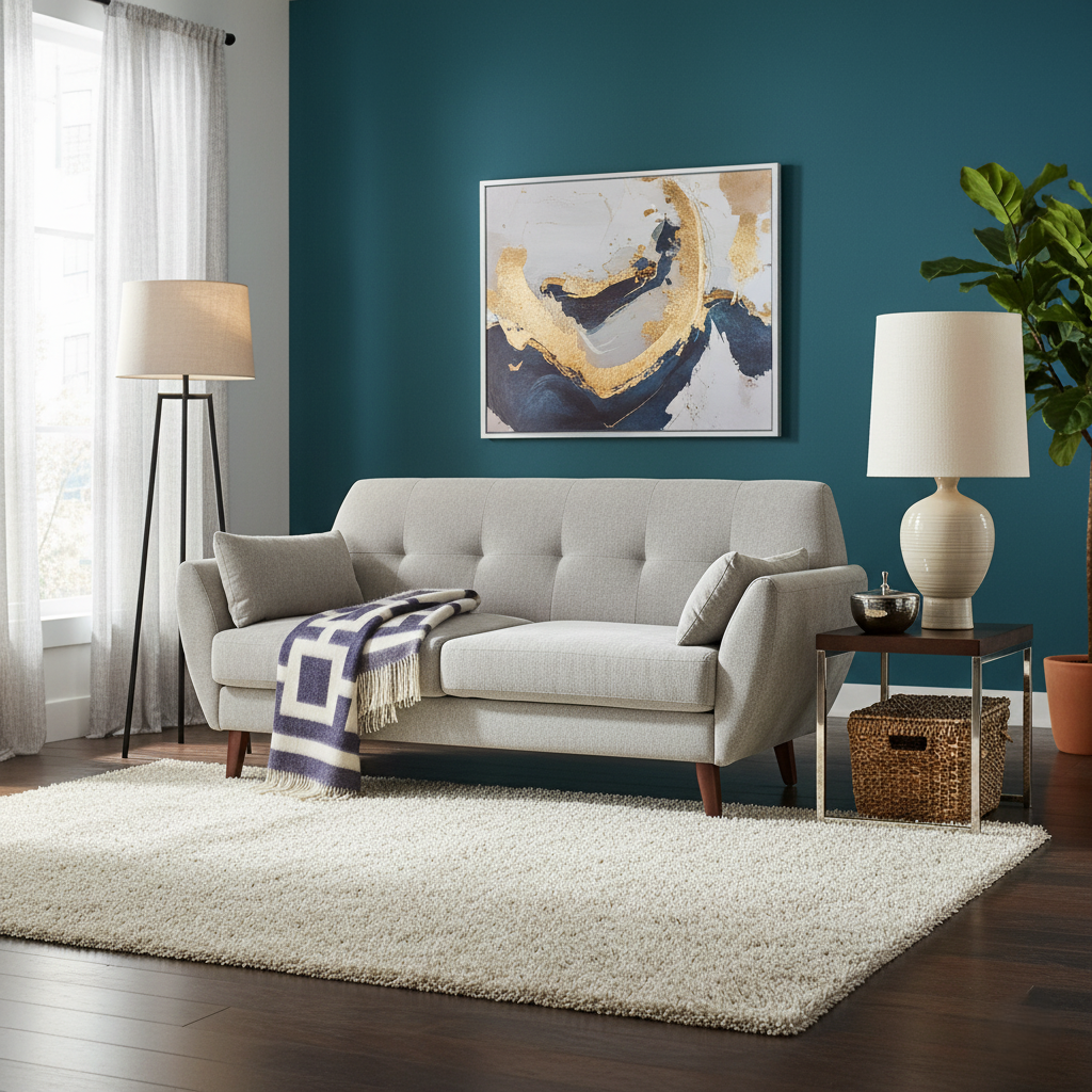Living room with a gray sofa, rug, and decorative elements.