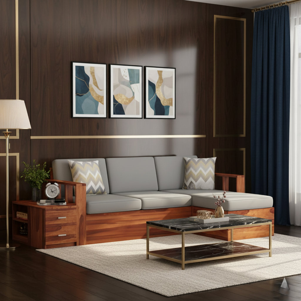 घर के फर्नीचर के लिए एल आकार का लकड़ी का सोफा, असबाब कपड़ा, प्रीमियम आरामदायक सोफा, लिविंग रूम के लिए टिकाऊ डिज़ाइन - ग्रे