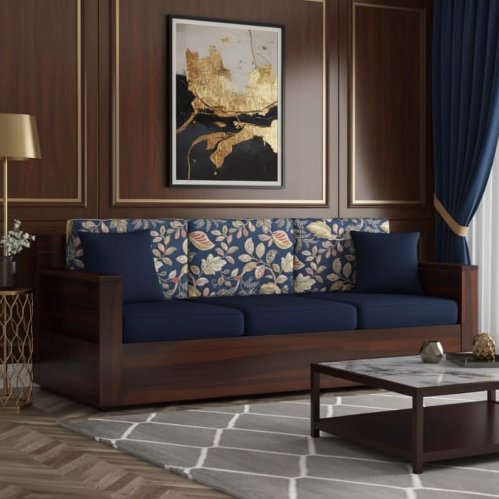 घर के लिए 3 सीटर लकड़ी का सोफा, फर्नीचर, असबाब, फ़ैब्रिक, प्रीमियम आरामदायक सोफा, लिविंग रूम के लिए टिकाऊ डिज़ाइन - नेवी ब्लू