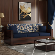 घर के लिए 3 सीटर लकड़ी का सोफा, फर्नीचर, असबाब, फ़ैब्रिक, प्रीमियम आरामदायक सोफा, लिविंग रूम के लिए टिकाऊ डिज़ाइन - नेवी ब्लू