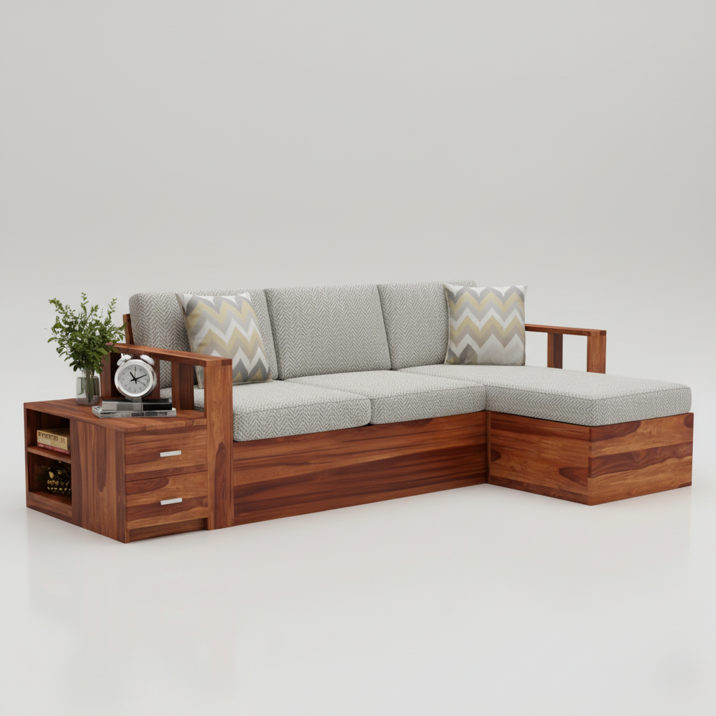 घर के फर्नीचर के लिए एल आकार का लकड़ी का सोफा, असबाब कपड़ा, प्रीमियम आरामदायक सोफा, लिविंग रूम के लिए टिकाऊ डिज़ाइन - ग्रे