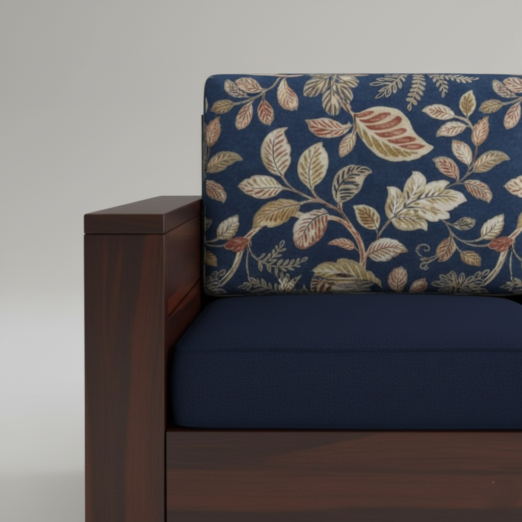घर के लिए 3 सीटर लकड़ी का सोफा, फर्नीचर, असबाब, फ़ैब्रिक, प्रीमियम आरामदायक सोफा, लिविंग रूम के लिए टिकाऊ डिज़ाइन - नेवी ब्लू