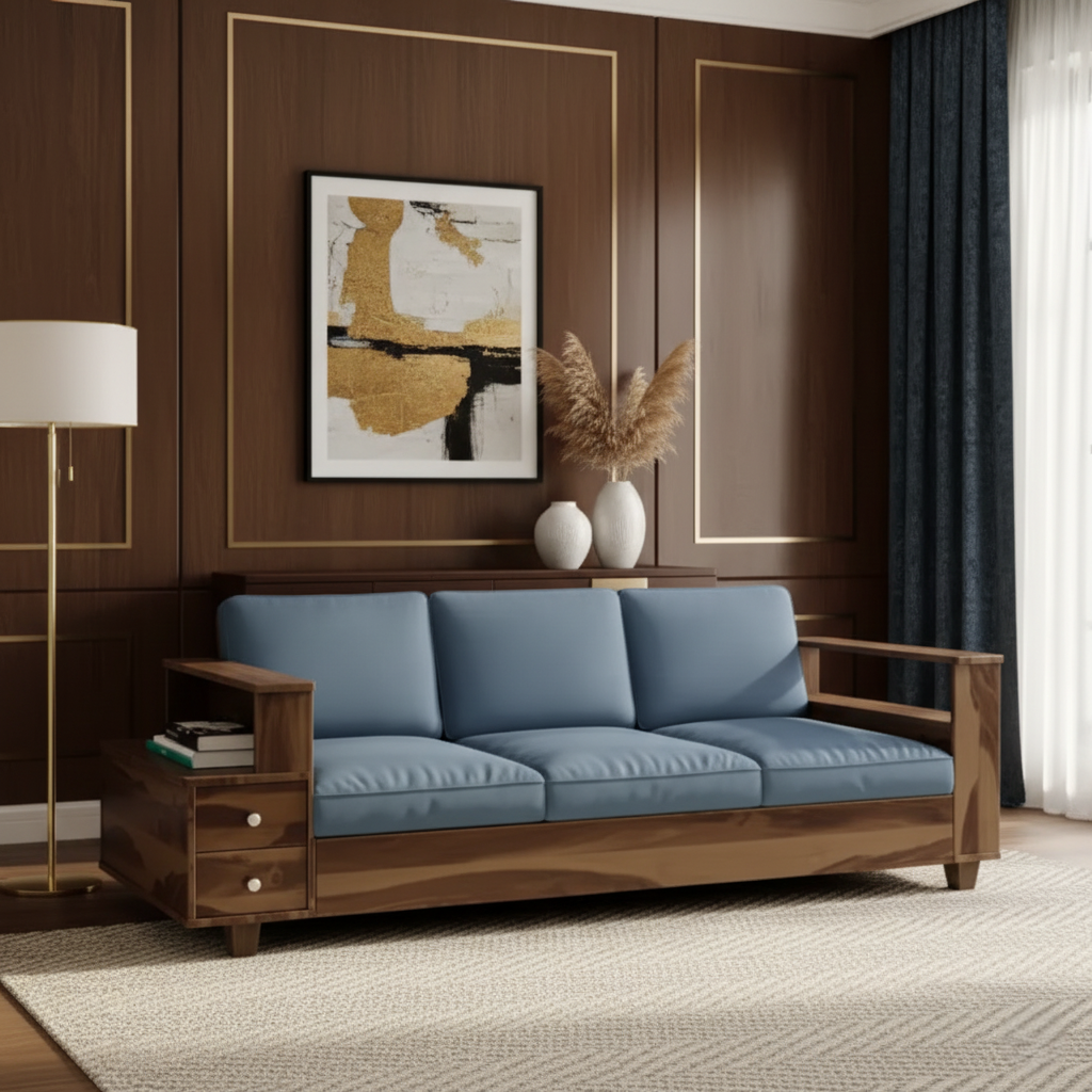 घर के लिए 3 सीटर लकड़ी का सोफा, फर्नीचर, असबाब, फ़ैब्रिक, प्रीमियम आरामदायक और टिकाऊ सोफा डिज़ाइन, लिविंग रूम के लिए - नीला