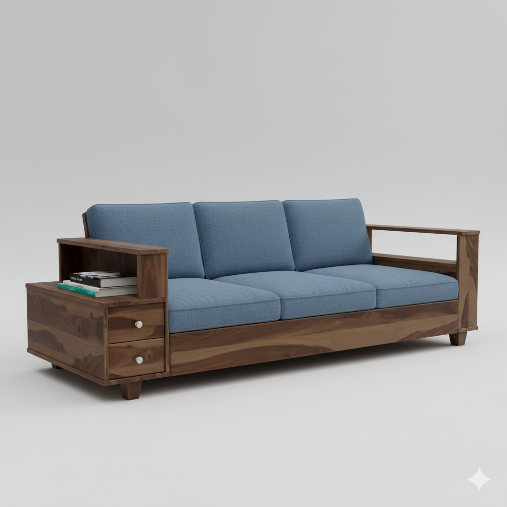 घर के लिए 3 सीटर लकड़ी का सोफा, फर्नीचर, असबाब, फ़ैब्रिक, प्रीमियम आरामदायक और टिकाऊ सोफा डिज़ाइन, लिविंग रूम के लिए - नीला