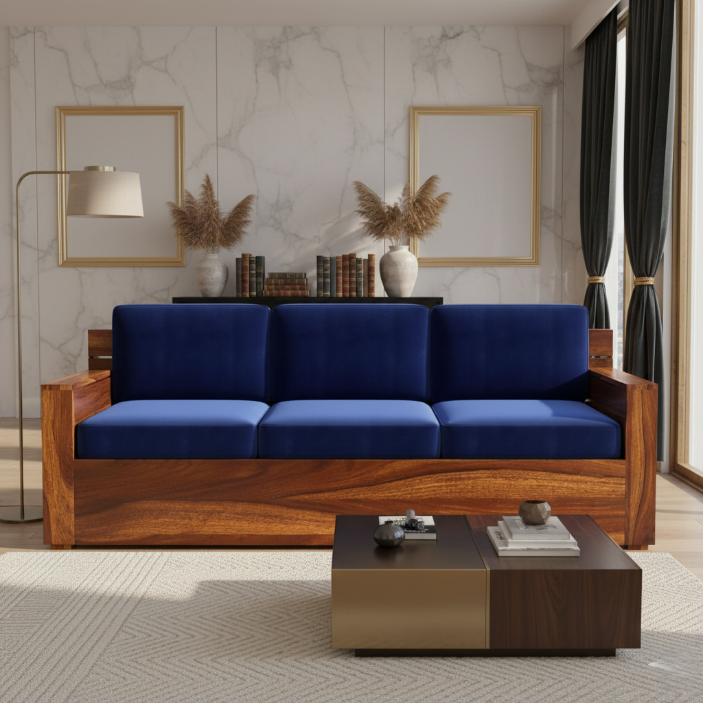 कॉम्पैक्ट 3-सीटर सोफा - मज़बूत लकड़ी के फ्रेम और प्राकृतिक पॉलिश के साथ फ़ैब्रिक कुशन