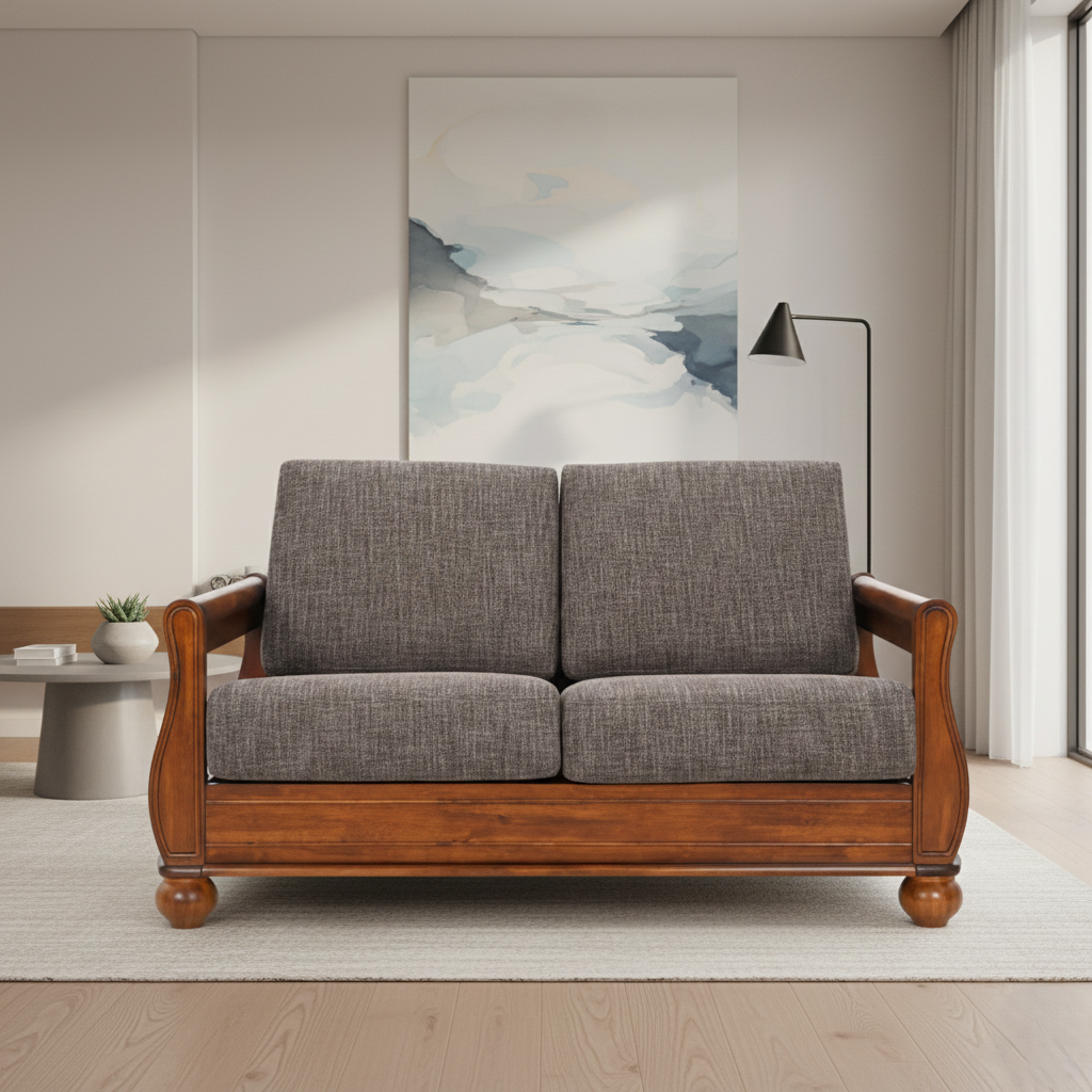 ফ্যাব্রিক আপহোলস্ট্রি এবং প্রাকৃতিক কাঠের পলিশ সহ ২ আসনের কাঠের সোফা - মার্জিত এবং কমপ্যাক্ট ডিজাইন - ধূসর